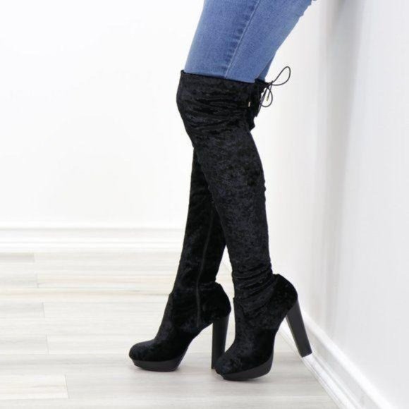 Shoes - Black Velvet Thigh High Heel Boots Back Tie